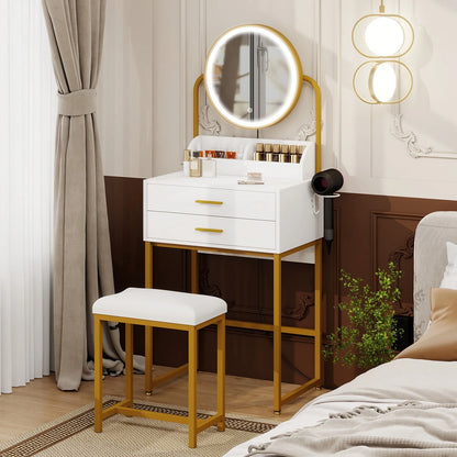 Modern Vanity Dressing Table LED Light Mirror Stool Shelves 2 Drawers Compact