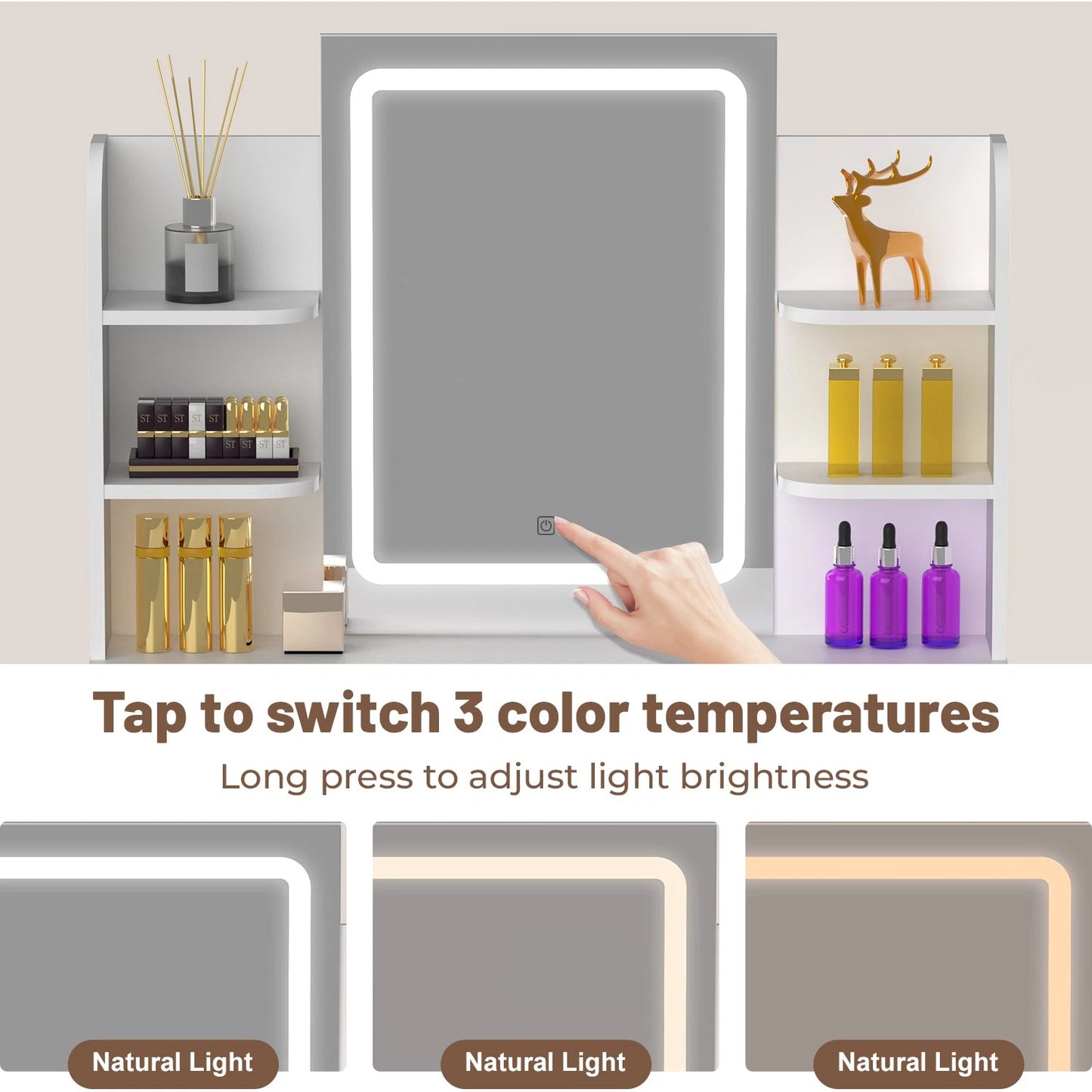 Dressing Table Makeup Desk Vanity Desk With 2 Drawers & LED Mirror & 4 Shelves