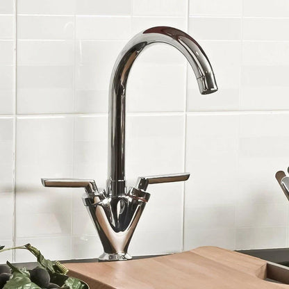 Modern Kitchen Mixer Tap Dual Lever Swivel Spout Mono Chrome Sink Taps Faucet