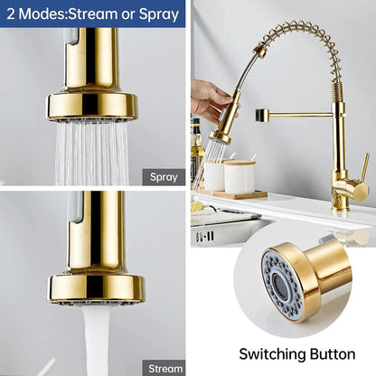 Modern Gold Kitchen Mixer Taps Pull out Spray 360° Mono Single Lever Sink Faucet