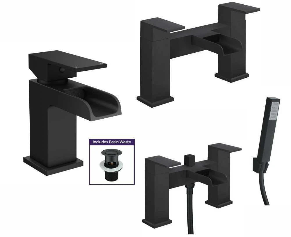 Bathroom Modern Waterfall Black Basin Sink Mono Square Mixer Tap Filler Waste
