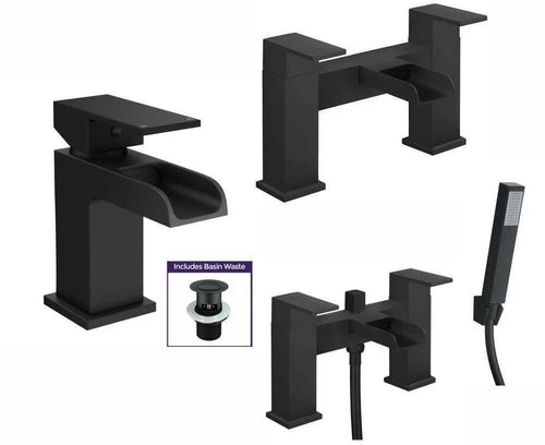 Bathroom Modern Waterfall Black Basin Sink Mono Square Mixer Tap Filler Waste