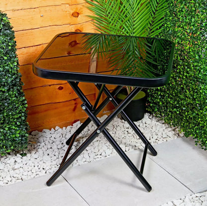 Garden Furniture Glass Top Side Table Patio Rattan Foldable Drinks Coffee Black