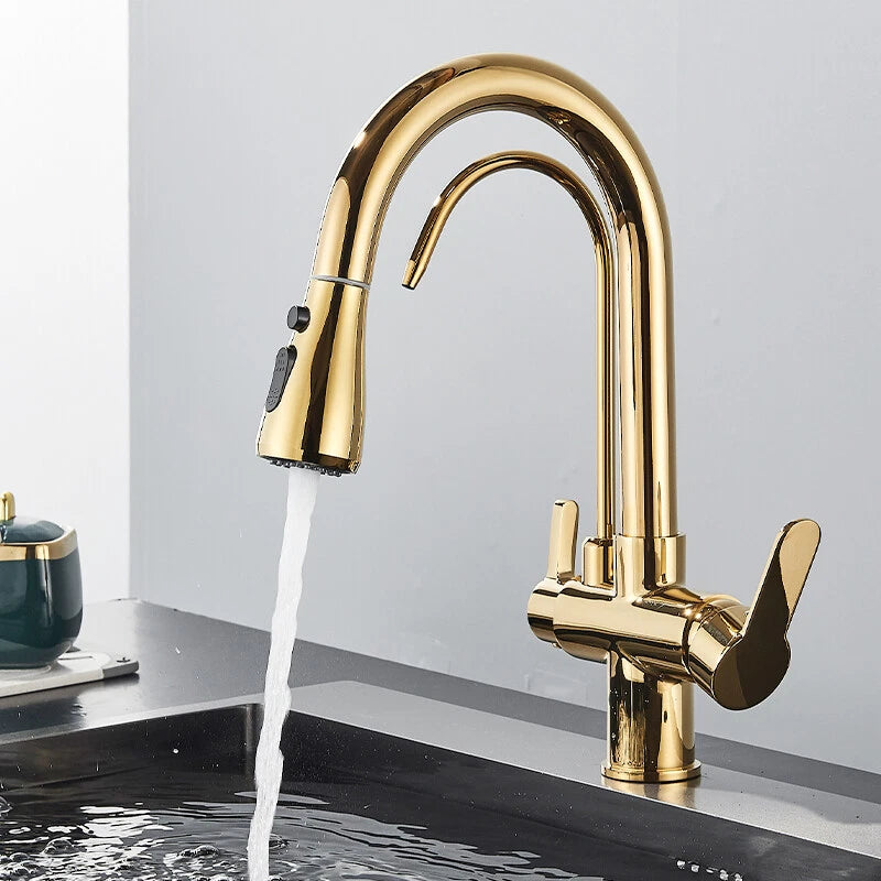 Modern Mono Kitchen Sink Mixer Taps 360° Pull Out Spray Spout Twin Lever 3 Way