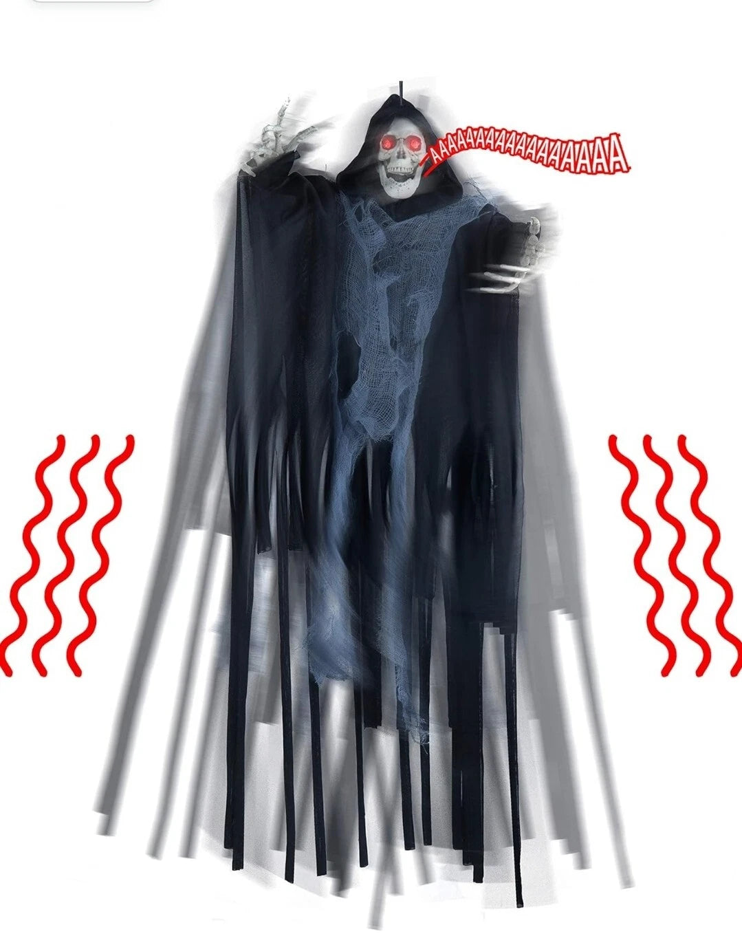 2x Hanging Grim Reaper Halloween Props – LED Eyes, Motion Activated