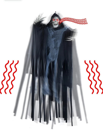2x Hanging Grim Reaper Halloween Props – LED Eyes, Motion Activated