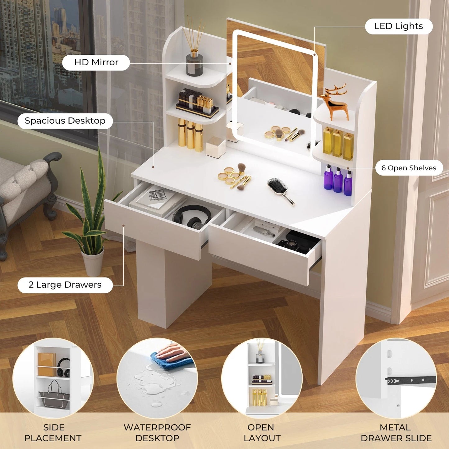 Dressing Table Makeup Desk Vanity Desk With 2 Drawers & LED Mirror & 4 Shelves