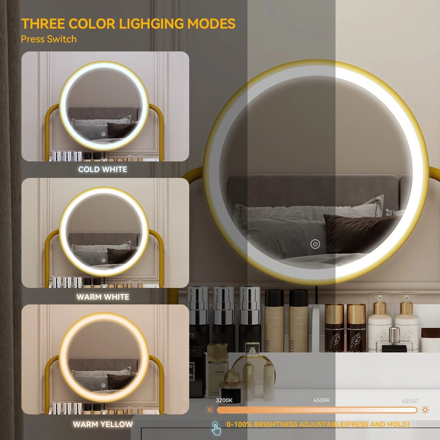 Modern Vanity Dressing Table LED Light Mirror Stool Shelves 2 Drawers Compact