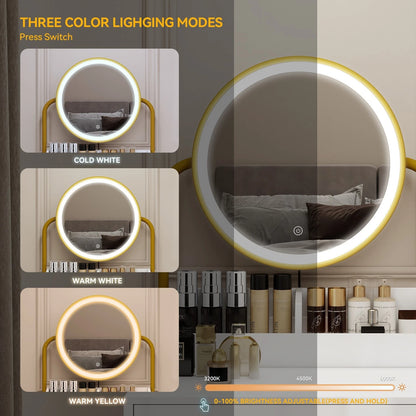 Modern Vanity Dressing Table LED Light Mirror Stool Shelves 2 Drawers Compact