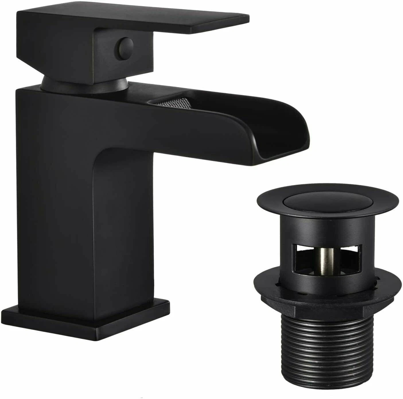 Bathroom Modern Waterfall Black Basin Sink Mono Square Mixer Tap Filler Waste