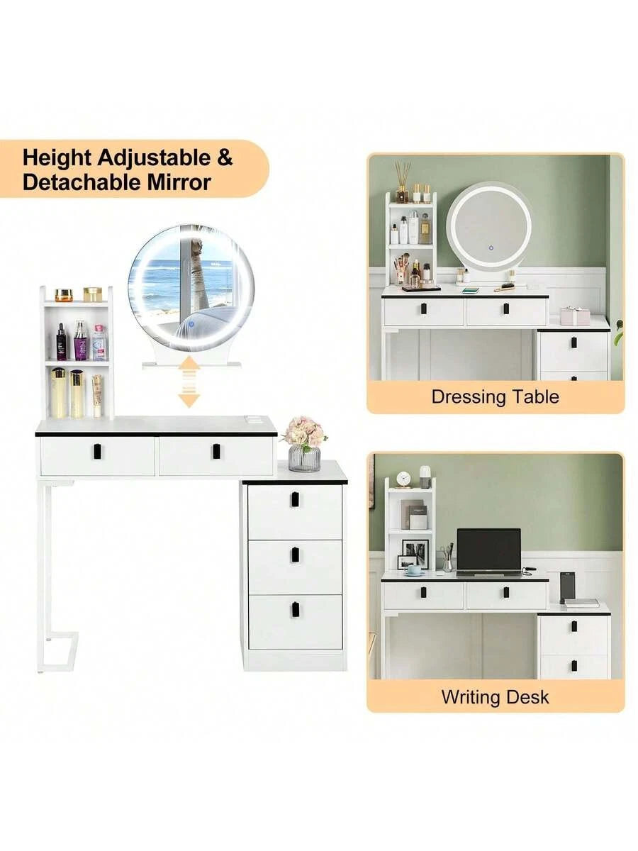 Dressing Table With Mirror Stool, Vanity Table Set With 3 Color Detachable LED