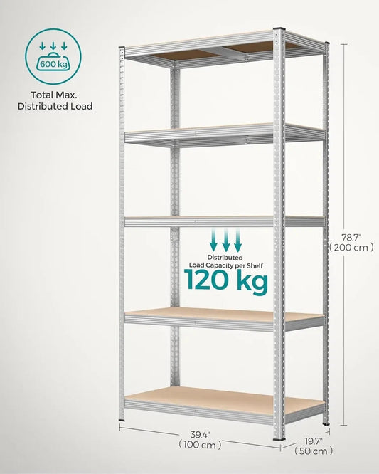 5 Tier Shelving Unit 200x100x50cm Heavy Duty Adjustable Storage Shelves