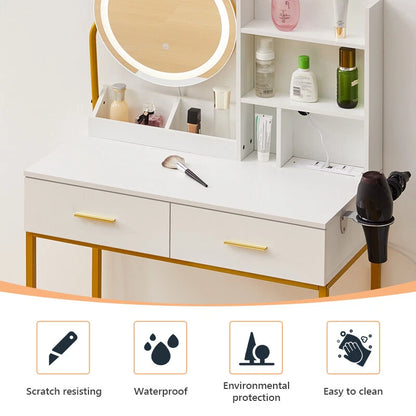 Dressing Table Round Mirror LED Lights Stool Vanity Table Makeup Desk Gold Leg
