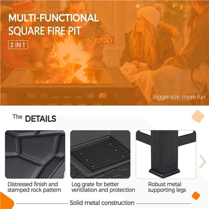 Large Fire Pit BBQ Outdoor Iron Grill Square Garden Table Patio Log Burner Stove