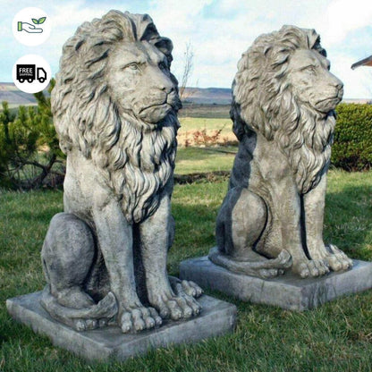 Pair Large Proud Lions Heavy Stone Cast Garden Statues by DGS UK 330KGS