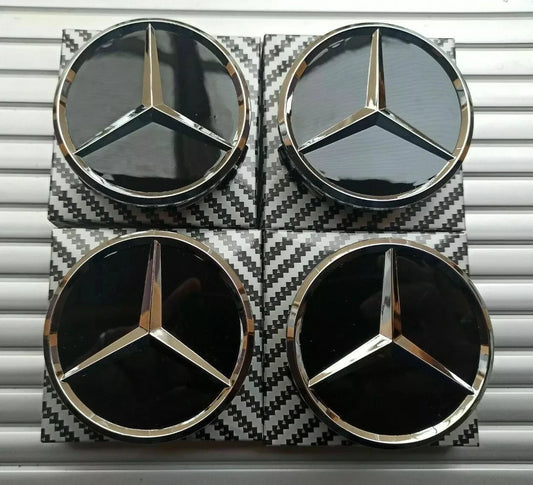 4 x Black Mercedes Benz 75mm Alloy Wheel Centre Caps AMG A B C E S M Class Hub.