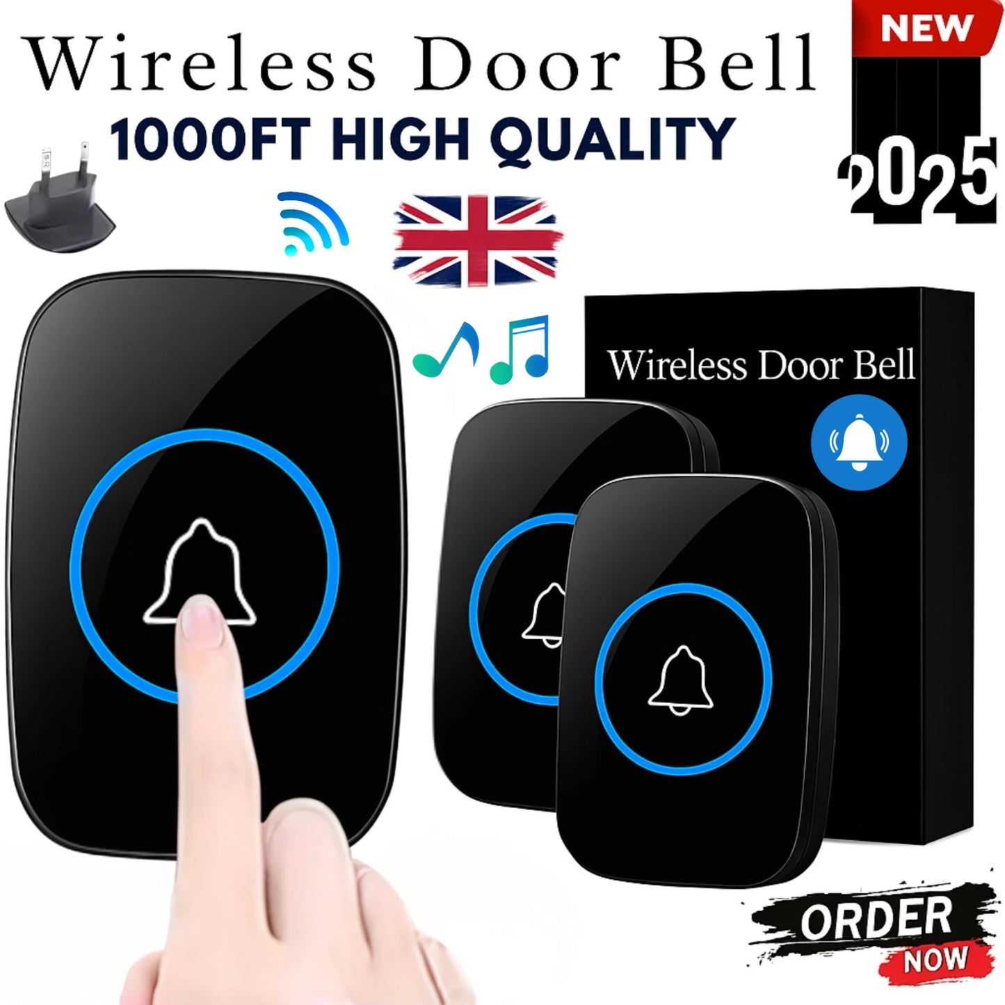 Wireless Doorbell Waterproof Range Door Bells Kit Cordless Plug-in Home Office