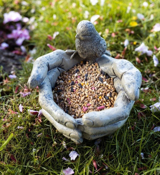Bird Feeder Stone Effect Bath Garden Decor Hands Ornament Feeding Station Water