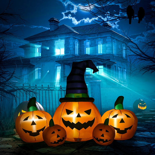 6ft Inflatable Halloween Large Pumpkin in Hat w/ Four Small Pumpkin LED