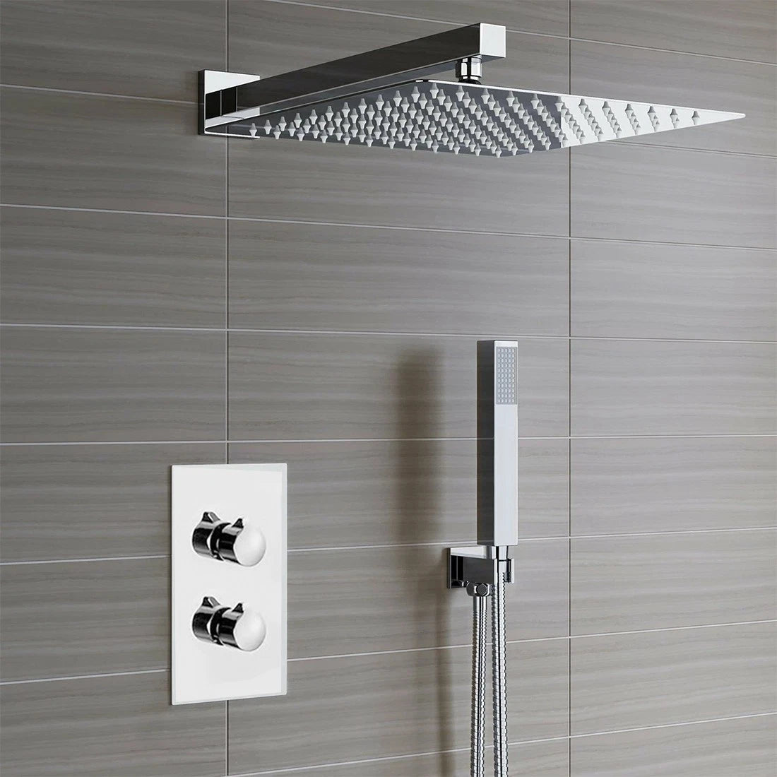 Modern Concealed Square Shower Brass Valve Mixer Twin Head Shower Set Chrome