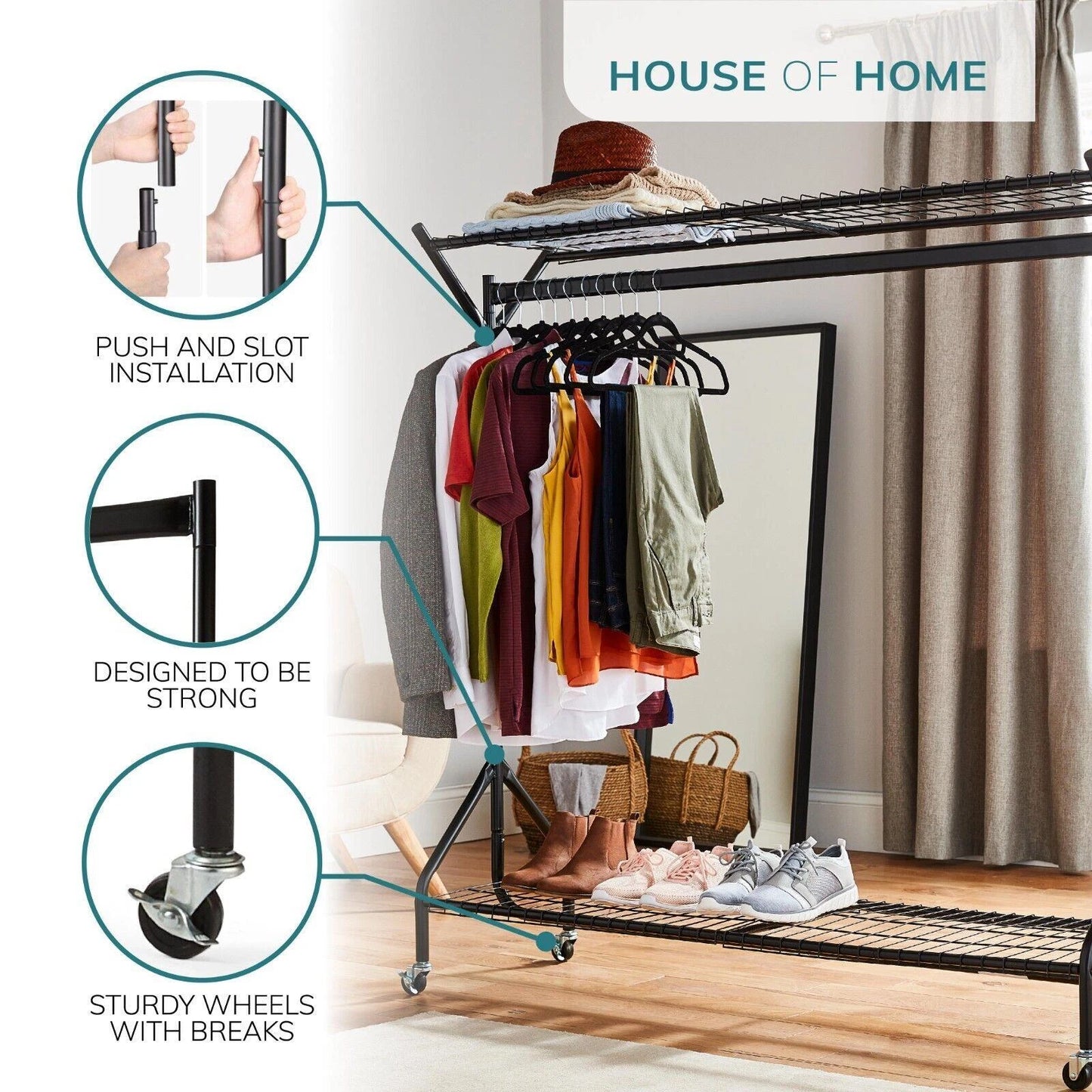 Clothing Rail Heavy Duty 6ft 5ft 4ft Hanging Clothes Shoe Hat Rack Shelf Wheels