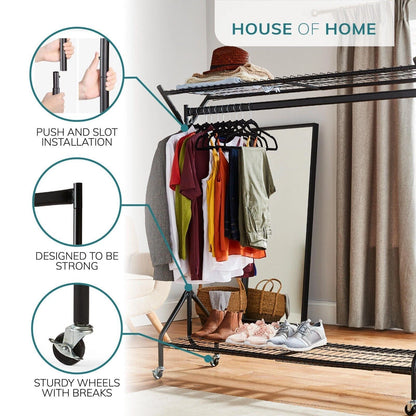 Clothing Rail Heavy Duty 6ft 5ft 4ft Hanging Clothes Shoe Hat Rack Shelf Wheels