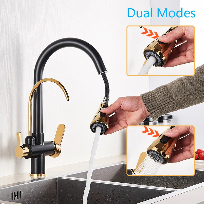 Modern Mono Kitchen Sink Mixer Taps 360° Pull Out Spray Spout Twin Lever 3 Way