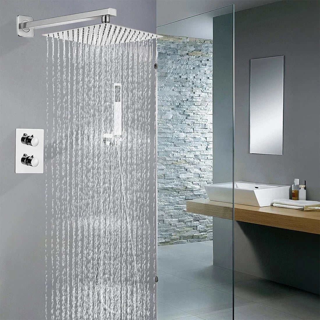 Modern Concealed Square Shower Brass Valve Mixer Twin Head Shower Set Chrome
