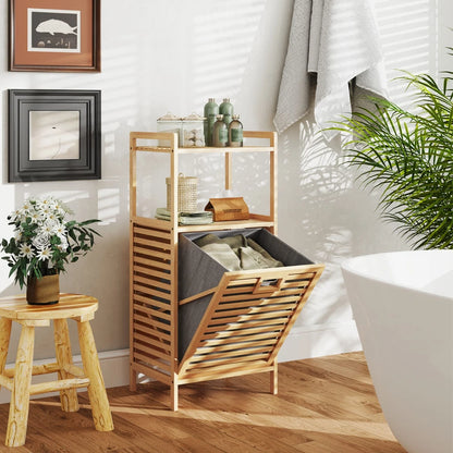Bamboo Bathroom Shelf Tilt out Laundry Hamper Storage Organiser w/Laundry Basket