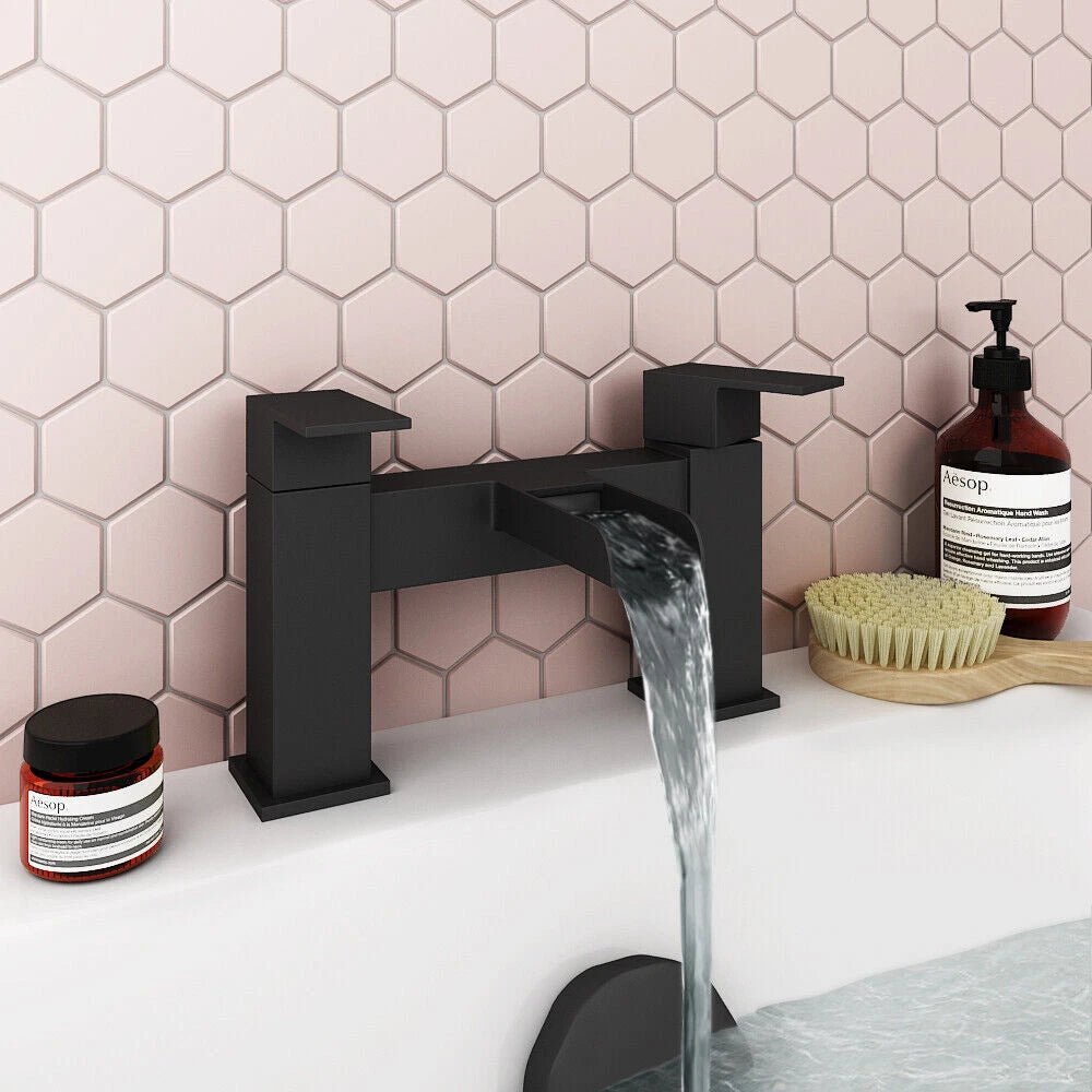 Bathroom Modern Waterfall Black Basin Sink Mono Square Mixer Tap Filler Waste