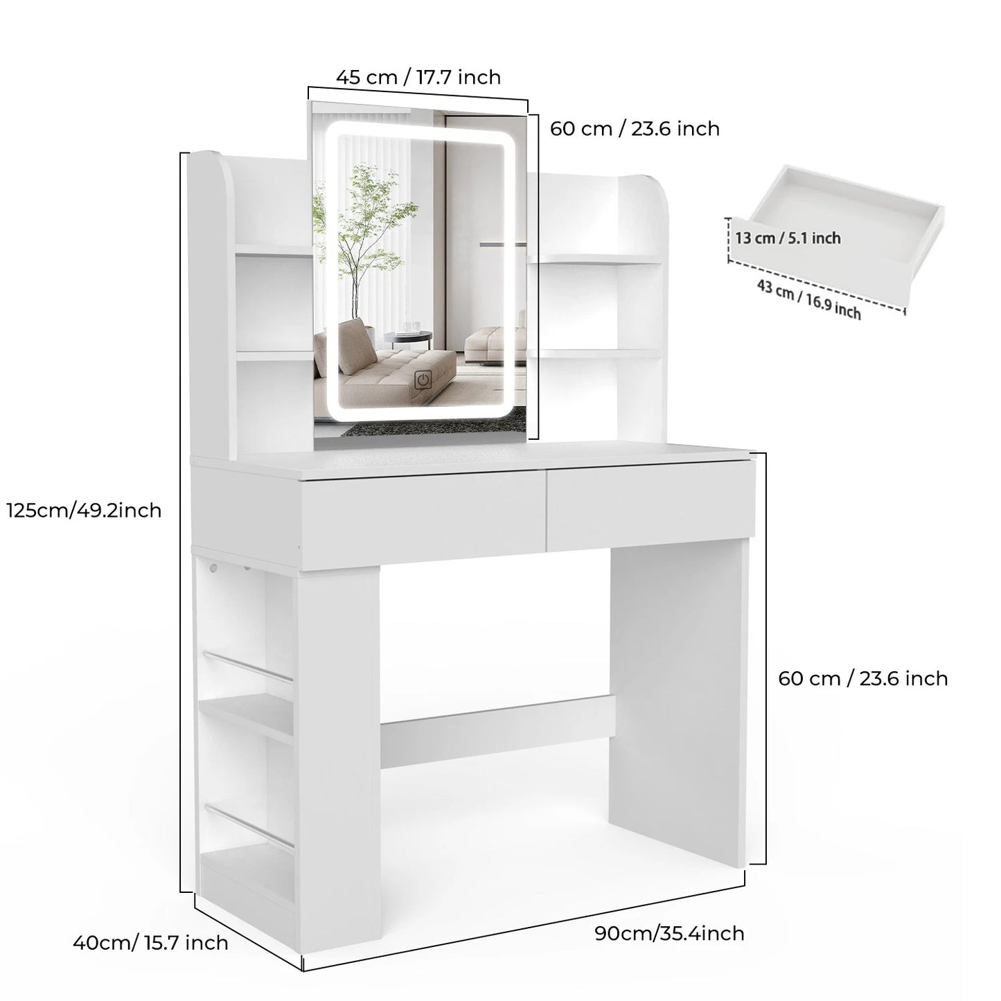 Dressing Table Makeup Desk Vanity Desk With 2 Drawers & LED Mirror & 4 Shelves