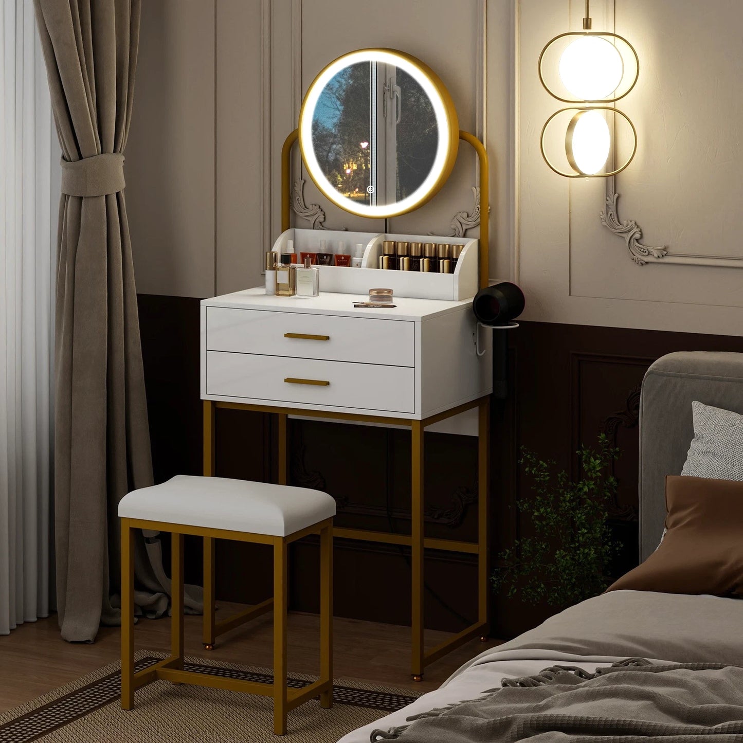 Modern Vanity Dressing Table LED Light Mirror Stool Shelves 2 Drawers Compact