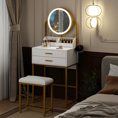 Modern Vanity Dressing Table LED Light Mirror Stool Shelves 2 Drawers Compact