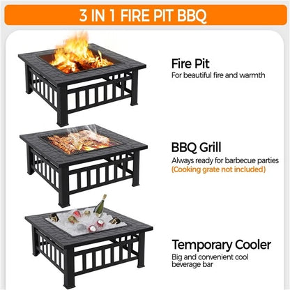 Large Fire Pit BBQ Outdoor Iron Grill Square Garden Table Patio Log Burner Stove