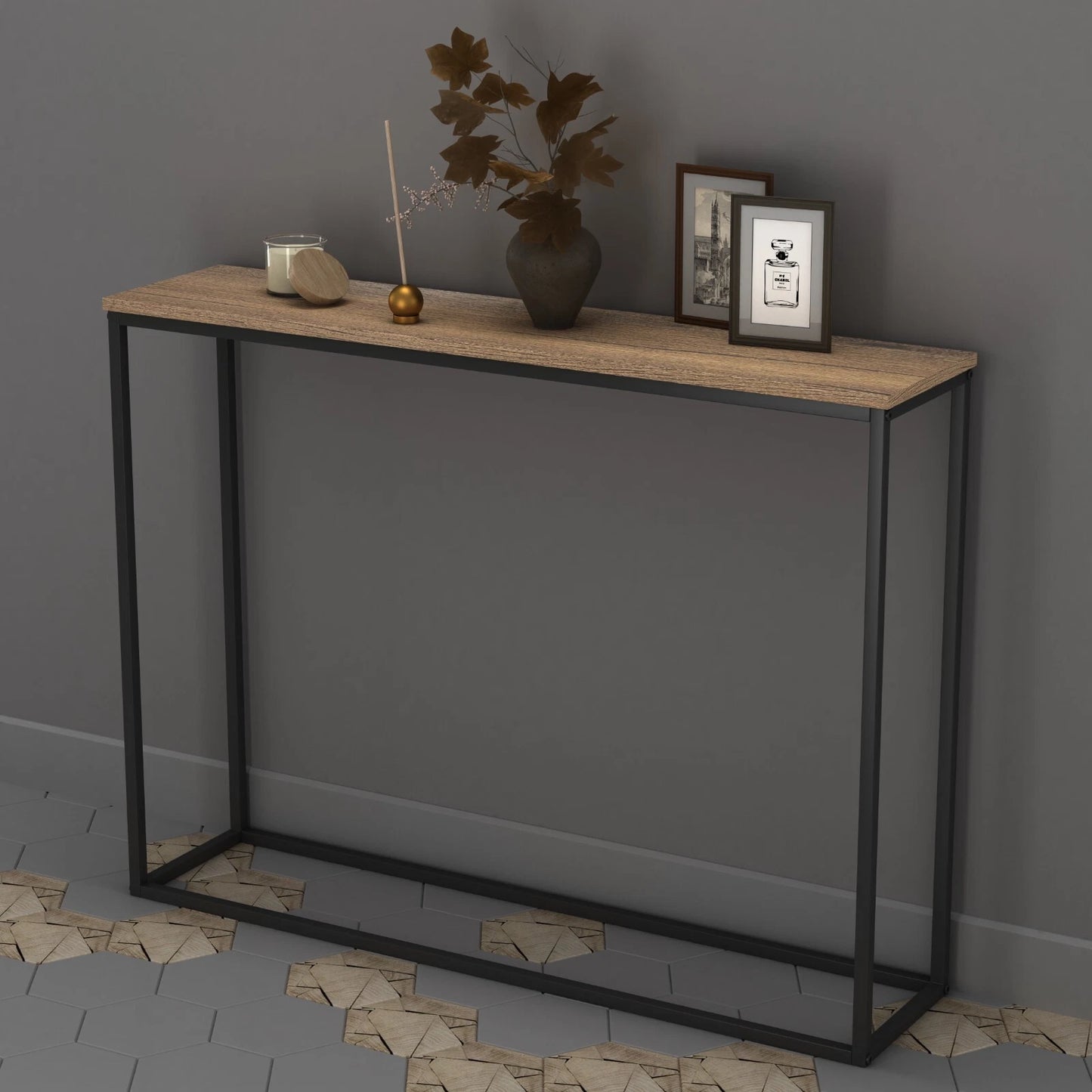 Wooden Free Standing Hallway Console Table Living Room Shelf Display Metal Legs