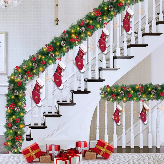 9ft Christmas Garland Snow Flocked With Lights Pinecones Berries Wreath Bushy