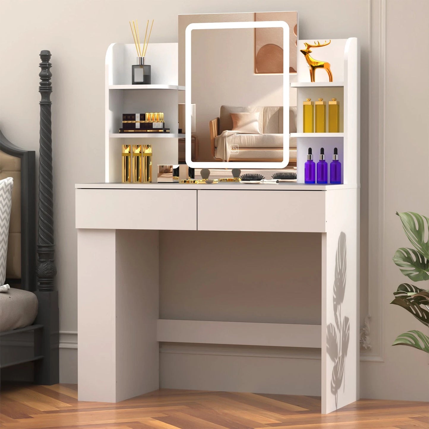 Dressing Table Makeup Desk Vanity Desk With 2 Drawers & LED Mirror & 4 Shelves