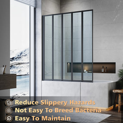 5 Folding Bath Shower Screen Black / Chrome Frame Wet Room Glass Panel 1200 x 1400mm