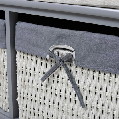 Large Shoe Storage Bench with Seat Cushion And 2 Rattan Basket Organiser Hallway