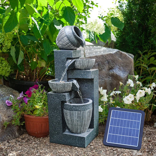 Garden Solar Power Cascading Tiered Water Feature Fountain Statues w/ LED Lights