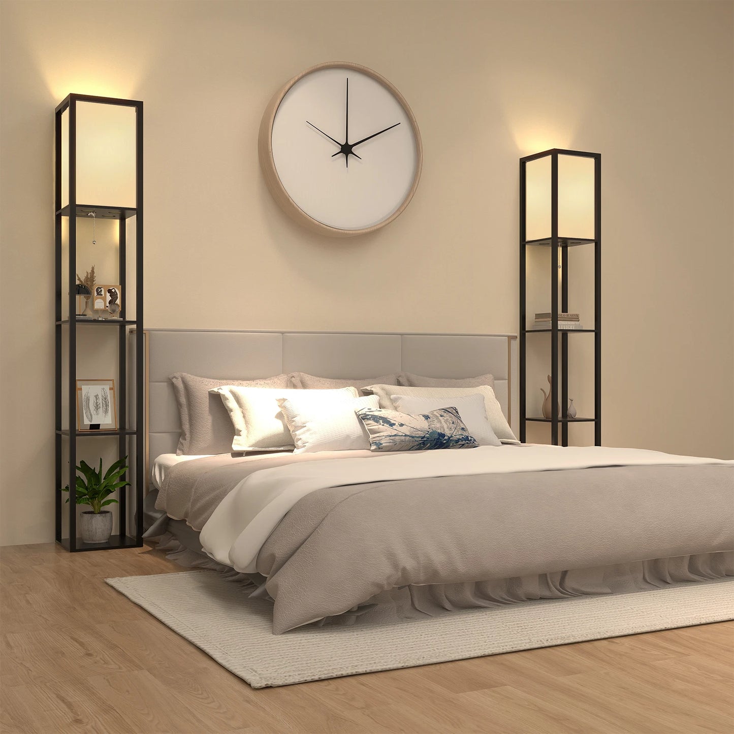 Floor Lamp Free Standing Wood 3-Tier Storage Shelf Reading Bedroom Living Room