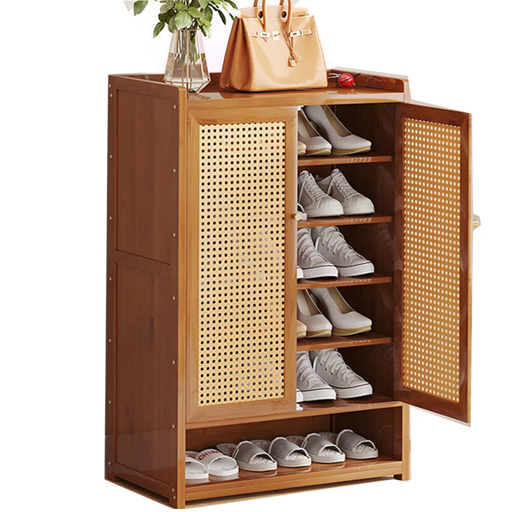 Shoe Cabinet Storage Cupboard Footwear Stand Rack Wooden Double Rattan Doors UK