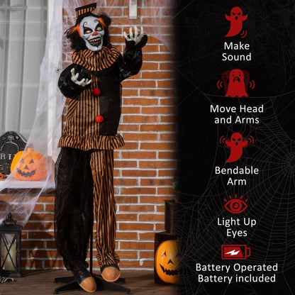 67" Animated Prop Circus Clown, Indoor Outdoor Halloween Decorations