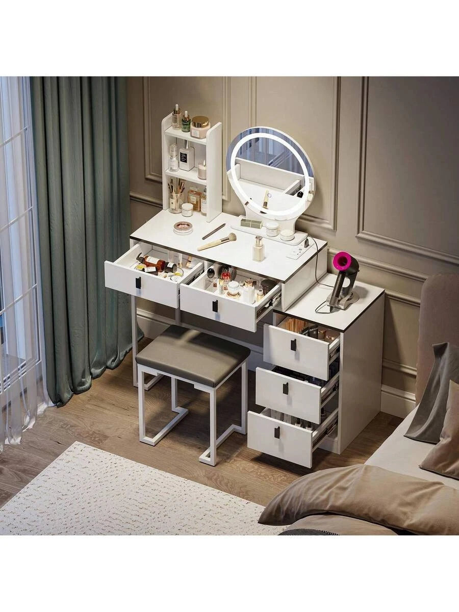 Dressing Table With Mirror Stool, Vanity Table Set With 3 Color Detachable LED