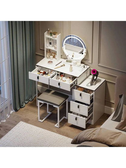 Dressing Table With Mirror Stool, Vanity Table Set With 3 Color Detachable LED