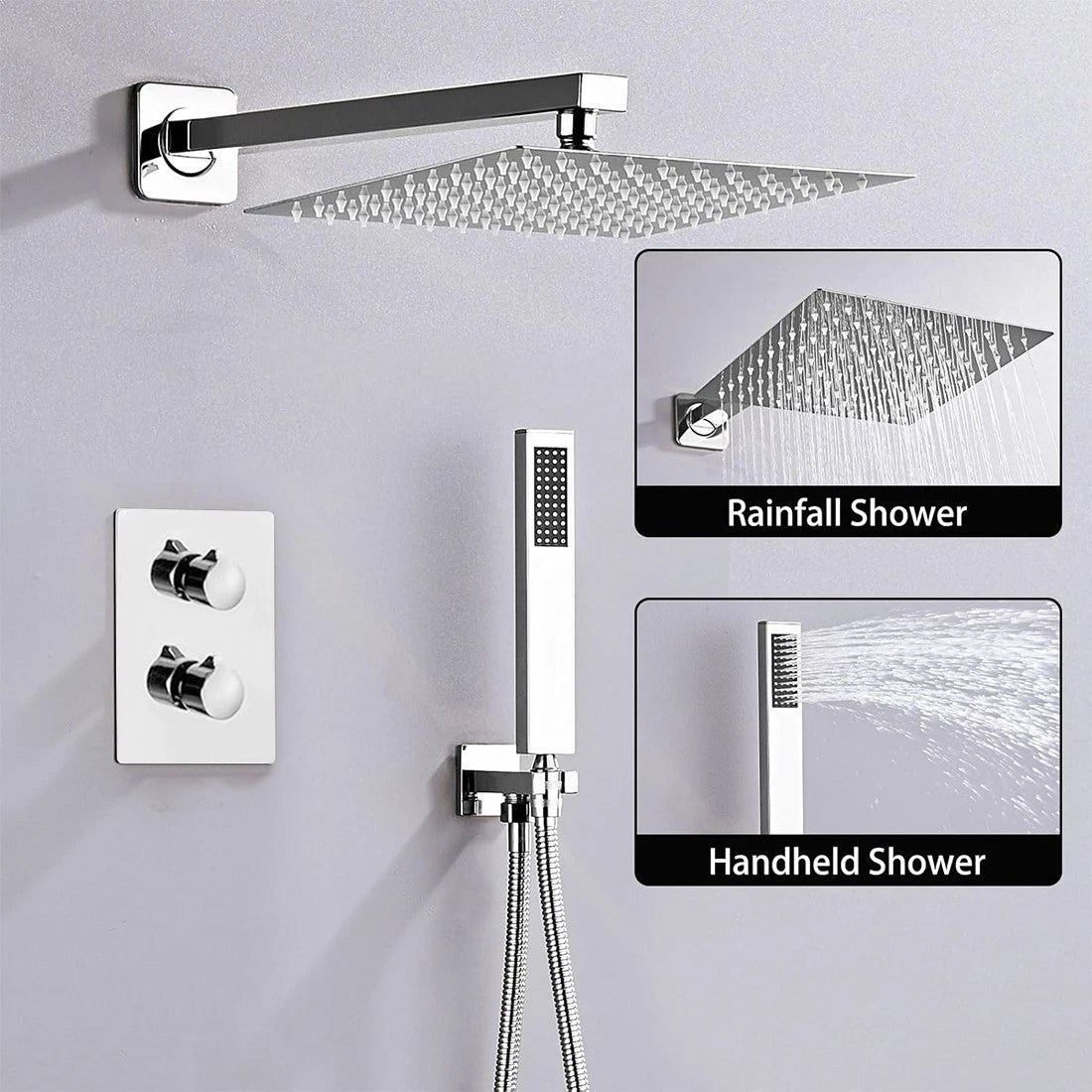 Modern Concealed Square Shower Brass Valve Mixer Twin Head Shower Set Chrome