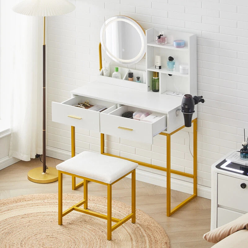 Dressing Table Round Mirror LED Lights Stool Vanity Table Makeup Desk Gold Leg