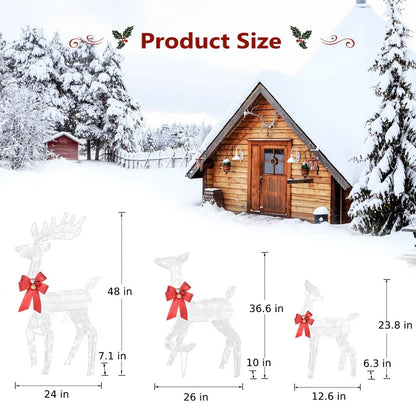 Set of 3 Light Up Reindeer Family Outdoor Christmas Decoration White Wire LED