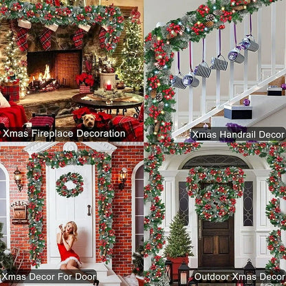 9ft Christmas Garland Snow Flocked With Lights Pinecones Berries Wreath Bushy