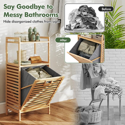 Bamboo Bathroom Shelf Tilt out Laundry Hamper Storage Organiser w/Laundry Basket